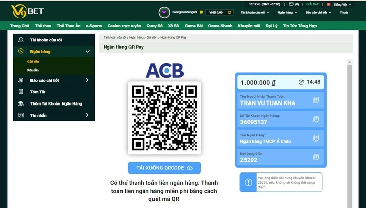 Các phương thức Nạp tiền v9bet hỗ trợ